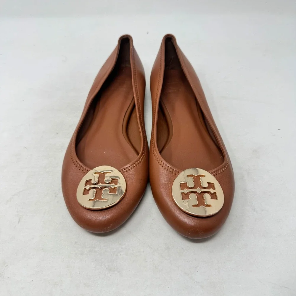 Tory Burch Minnie Travel Ballet Flats Brown 39 Gold Logo Leather Classic Shoes
